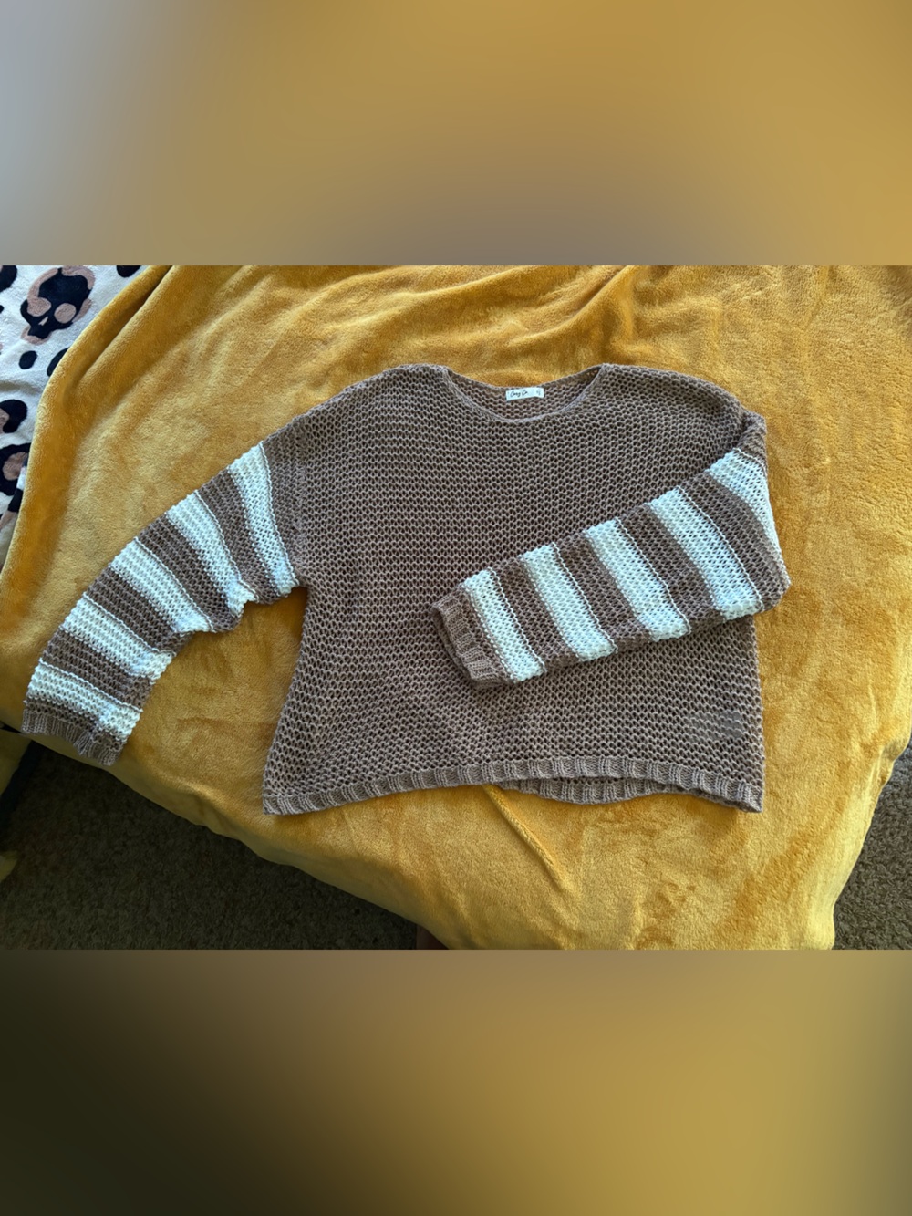 Cozy co Women’s Striped Sleeve Taupe & Cream Knit Sweater